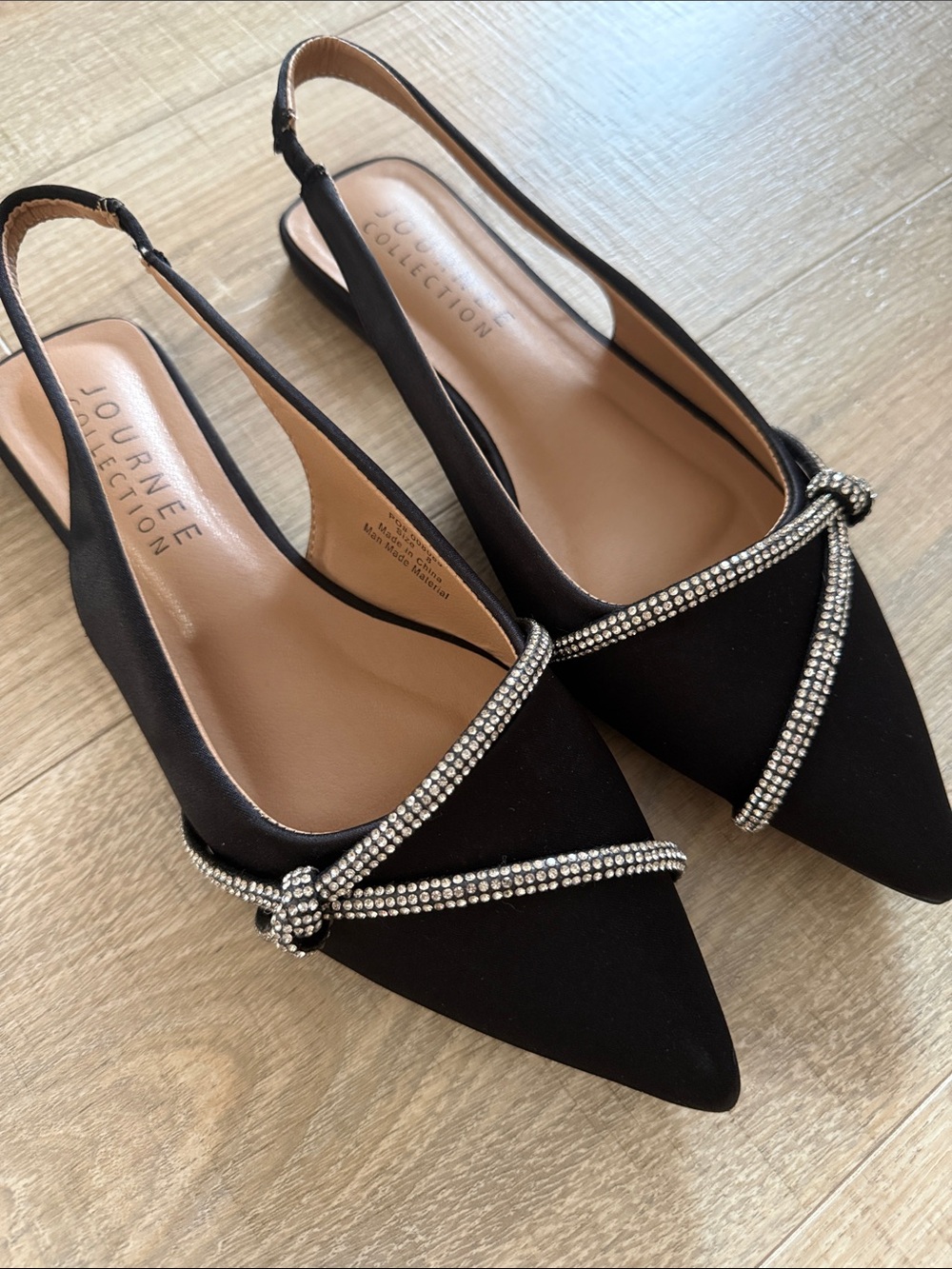 Journee Collection Black Pointed Slingback Flats with Crystal Straps